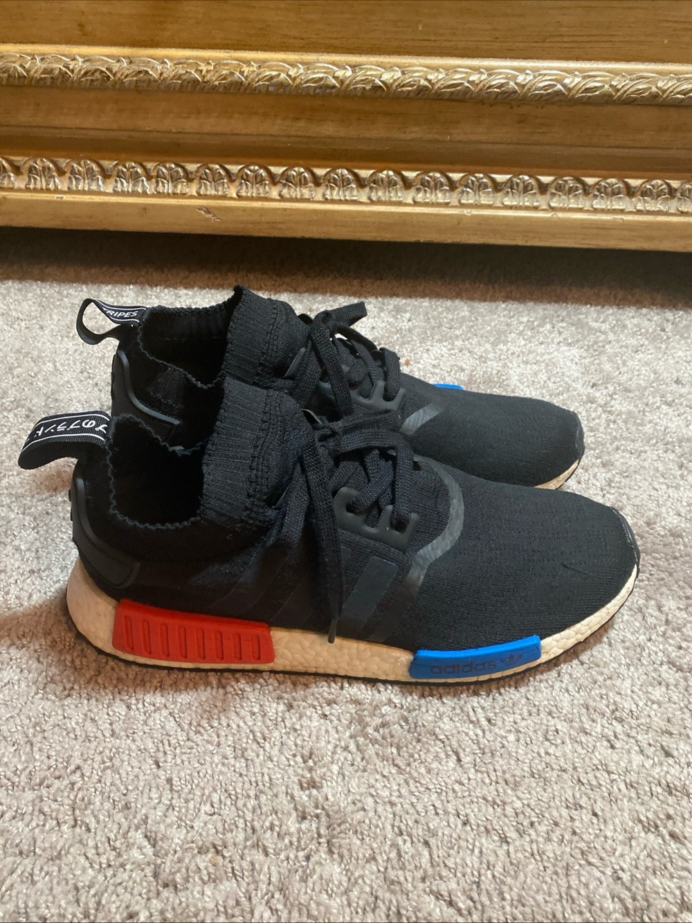 Adidas NMD R1 PK OG Black Primekit Knit Sneakers with Red & Blue Midsole Accents